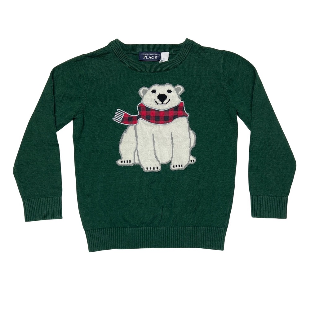 The Childrens Place Toddler Boy Polar Bear Sweater Green Size 5T 100% Cotton EUC